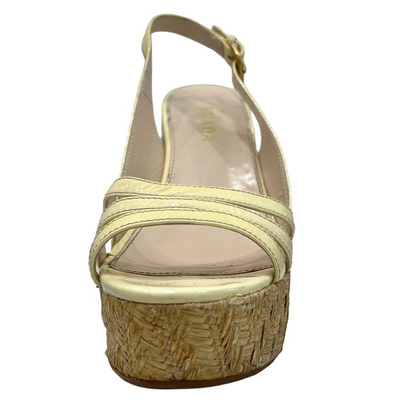 PRADA CREAM PATENT LEATHER WEDGE WOVEN RAFFIA PLATFORM SANDAL - Picture 9 of 16